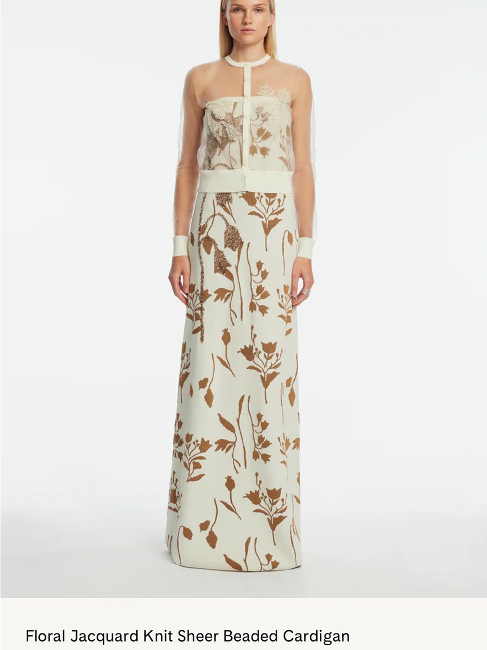 Lela Rose Cream Sheer Beaded Cardigan with Brown Floral Jacquard